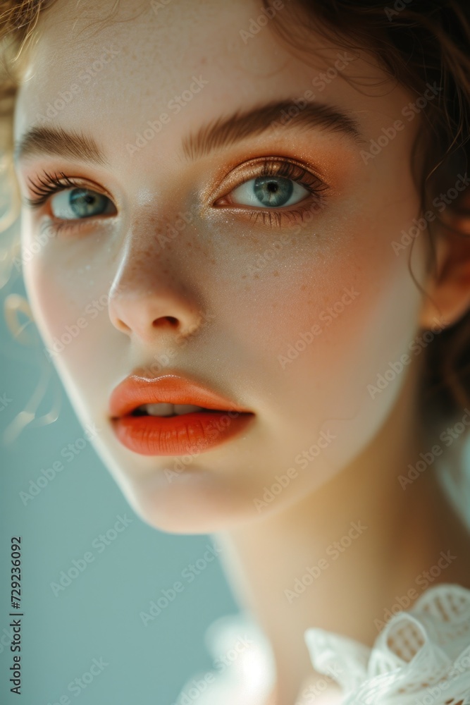 Poster a close up view of a woman's face with freckles. this image can be used to showcase natural beauty o
