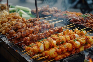 A delicious assortment of food skewered and grilling on a barbecue. Perfect for outdoor cooking and summertime gatherings