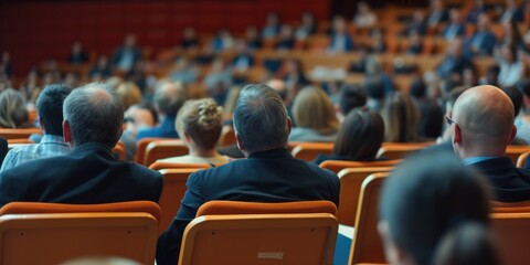 A group of people sitting in chairs in front of a crowd. Suitable for events, conferences, or presentations