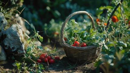 A wicker basket filled with ripe tomatoes. Perfect for farm-to-table recipes and healthy eating inspiration