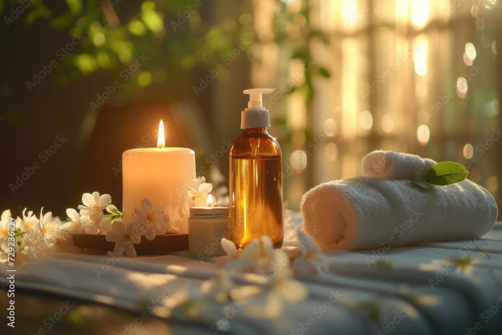 Aufkleber A simple yet elegant arrangement of a lit candle and neatly folded white towels on a table. Perfect for creating a calm and peaceful atmosphere.