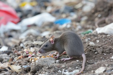 A rat is seen eating food on a pile of garbage. This image can be used to depict urban decay or the problem of waste pollution