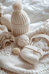 Fototapeta na wymiar A collection of cozy knitted items including a hat, mittens, and baby shoes, displayed on a bed. Perfect for showcasing handmade baby accessories.