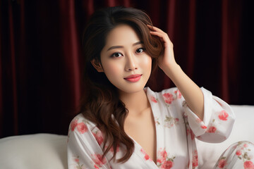 Naklejka premium Asian woman exudes relaxation in traditional pajamas, standing gracefully in a serene mood. Generative AI.