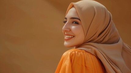 A woman wearing a hijab smiles warmly at the camera. Suitable for diverse and inclusive themes
