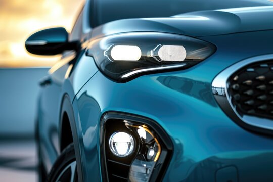 Close-up view of a car's headlights. Versatile image suitable for automotive industry, transportation themes, and nighttime scenes