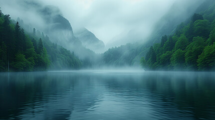 霧のかかった湖