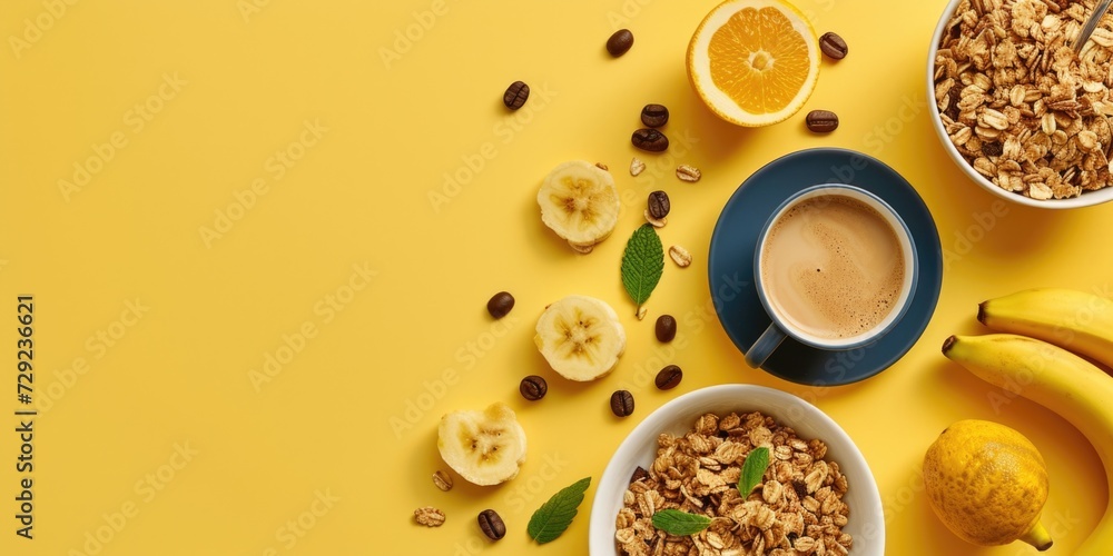 Poster A simple and satisfying breakfast consisting of a bowl of cereal, fresh bananas, and a steaming cup of coffee. Perfect for starting your day with a nutritious and energizing meal.