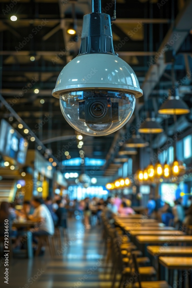 Poster A camera suspended from the ceiling in a restaurant. Ideal for capturing candid moments and enhancing security in dining establishments