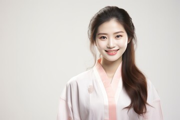  Asian woman exudes relaxation in traditional pajamas, standing gracefully in a serene mood. Generative AI.