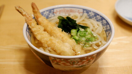 Japanese food hot udon noodle with fried shrimp 