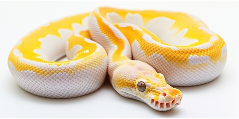 Fototapeta premium A yellow and white snake resting on a white surface. Suitable for reptile enthusiasts and educational materials