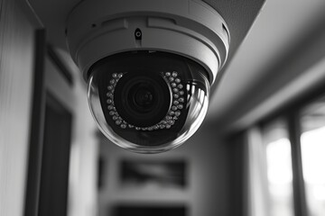 A black and white photo of a security camera. Suitable for illustrating surveillance, security...