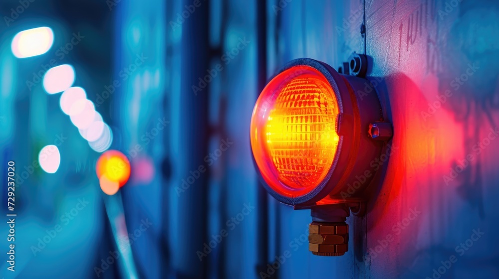 Poster a red light is seen on a wall adjacent to a train track. this image can be used to depict caution, w