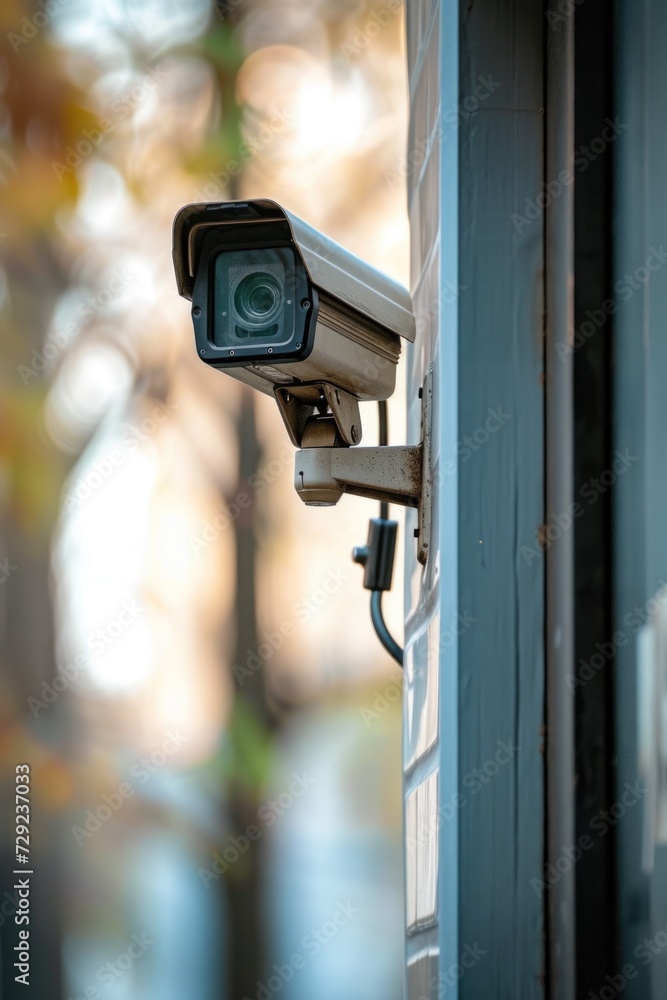 Poster A security camera mounted on the side of a building. Can be used to enhance security measures or to monitor activities