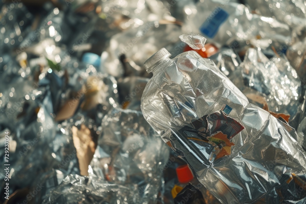 Poster a pile of plastic bottles sitting on top of a pile of trash. suitable for environmental and recyclin