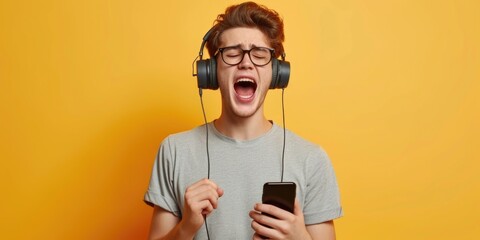 A young man wearing headphones and holding a cell phone. Suitable for technology and music-related projects