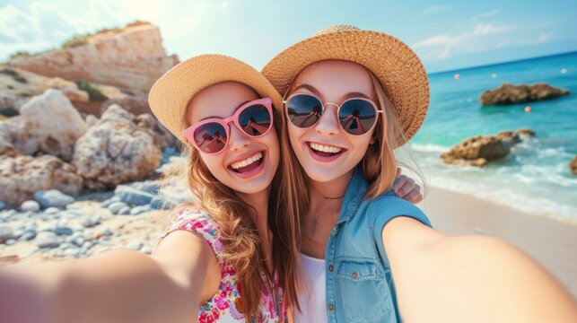 Young women on the beach taking selfie.