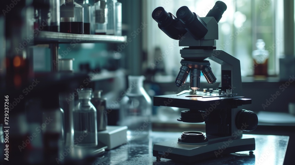 Aufkleber A microscope is seen sitting on top of a counter, surrounded by bottles. This image can be used to illustrate scientific research, laboratory experiments, or educational materials