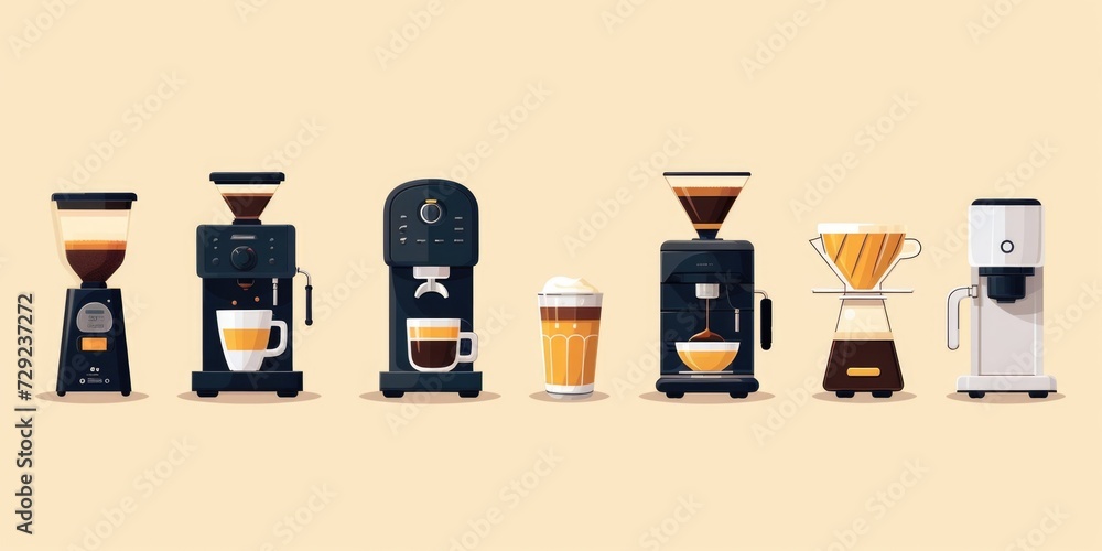 Poster a row of coffee machines showcasing different types of coffee. perfect for coffee enthusiasts and co