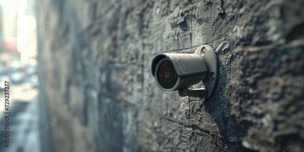 Poster A security camera mounted on the side of a building. Can be used to monitor and ensure safety in various locations