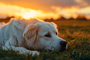 a Great Pyrenees white dog laying in the grass at the water's edge, in the style of bokeh panorama, richly colored skies