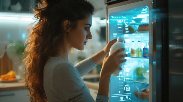 A woman standing in front of an open refrigerator. Can be used to depict healthy eating, meal planning, or grocery shopping