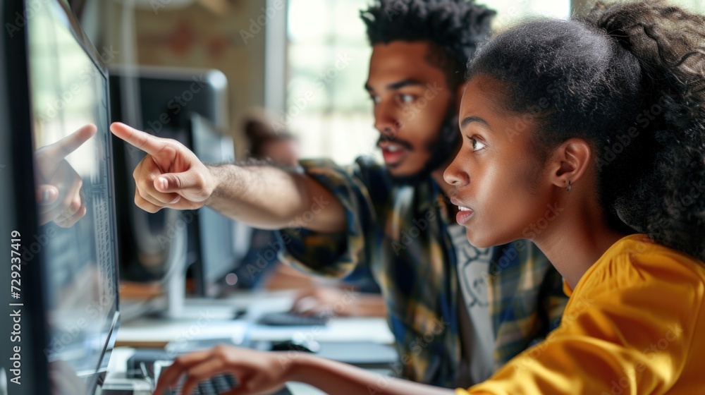 Poster a man and woman are focused on a computer screen. this image can be used to illustrate teamwork, col