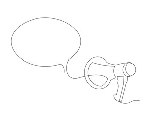 Continuous single line sketch drawing of megaphone speaker with bubble chat. One line art of sound tool equipment vector illustration