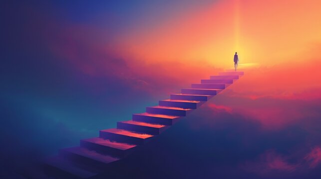 Conceptual business man climbing a stair over the clouds at sunset background. A captivating image capturing the essence of progress and determination.