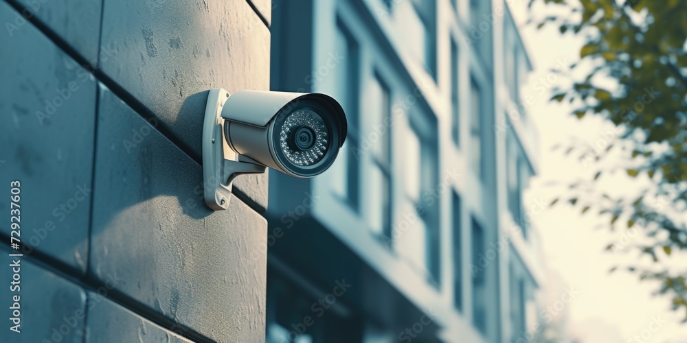 Poster A security camera mounted on the side of a building. Can be used to monitor and ensure safety