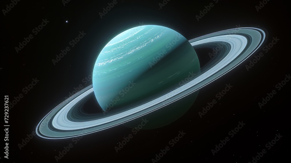 Poster conceptual image of uranus, showcasing its pale blue-green coloration and rings from a unique angle 