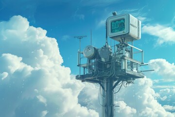 A picture of a cell phone tower against a beautiful sky background. Suitable for technology, communication, and network concepts