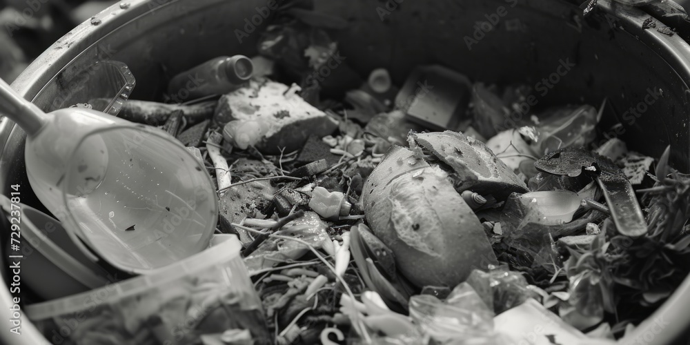 Poster a metal bowl filled with various types of trash. this image can be used to represent waste, pollutio