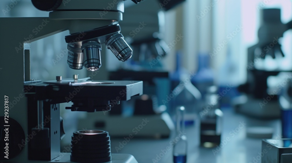 Poster Microscope and bottles arranged on a table. Suitable for scientific research or laboratory concepts