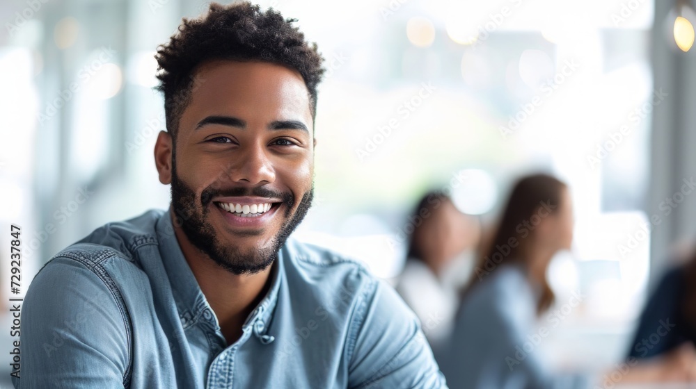 Poster Conceptual image of a man in a corporate office environment, smiling and discussing ideas with a team in a meeting room Generative AI