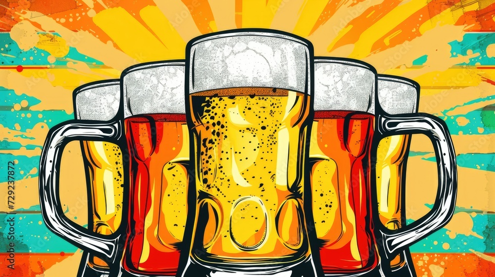 Poster a group of beer mugs stacked on top of each other. suitable for pubs, bars, and beer-related designs