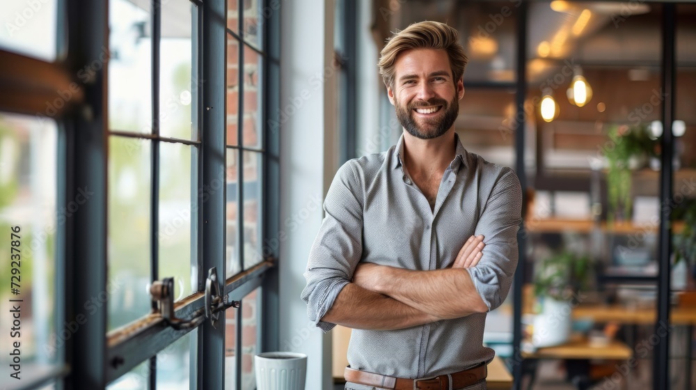 Poster conceptual image of a man in an office, standing by a window, smiling contently while holding a cup 
