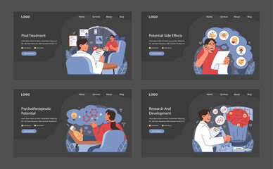 Ketamine Therapy series set. Visual guide on PTSD treatment, managing potential side effects, unlocking psychotherapeutic avenues, and advancing research. Digital healthcare education. Flat vector