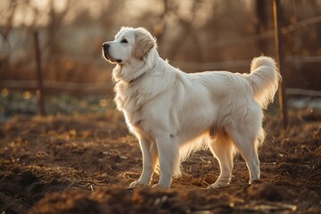 a Great Pyrenees dog standing on the ground, in the style of southern countryside, dark beige and gold, soft-focus portraits