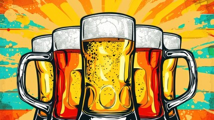 A group of beer mugs stacked on top of each other. Suitable for pubs, bars, and beer-related designs