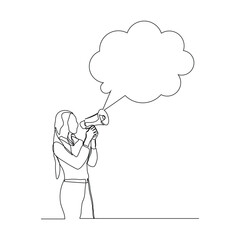 Continuous single line sketch drawing of woman holding megaphone speaker with bubble chat. One line art of sound tool equipment vector illustration