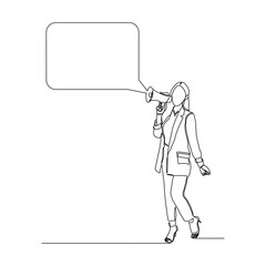 Continuous single line sketch drawing of woman holding megaphone speaker with bubble chat. One line art of sound tool equipment vector illustration