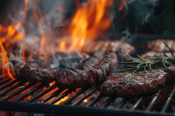 A picture of steaks cooking on a grill with flames in the background. Perfect for food and cooking-related projects