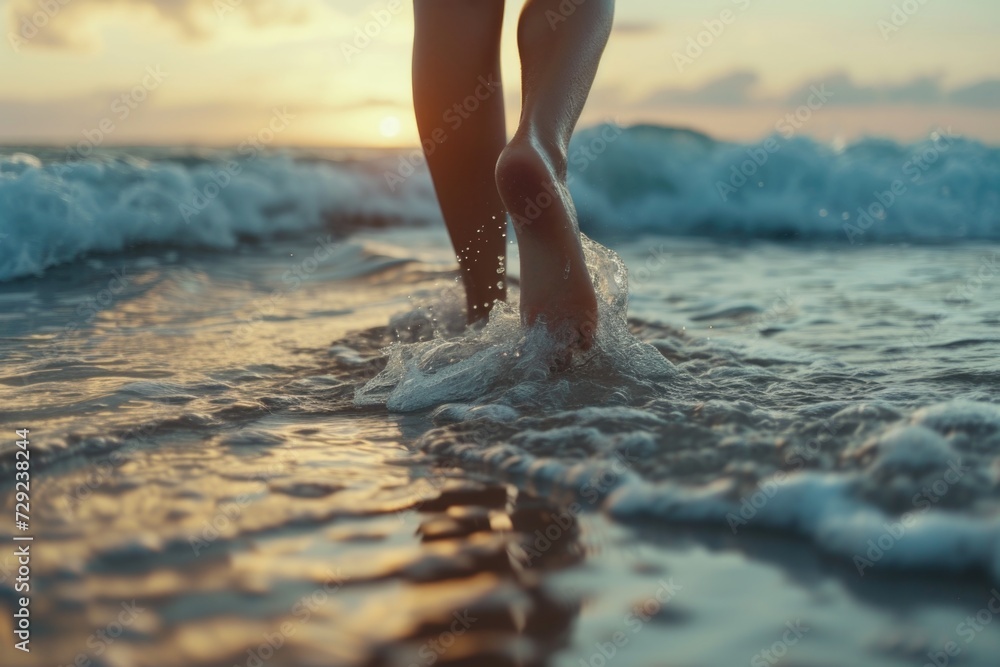 Poster a person is standing in the water at the beach. this image can be used to depict a relaxing beach va