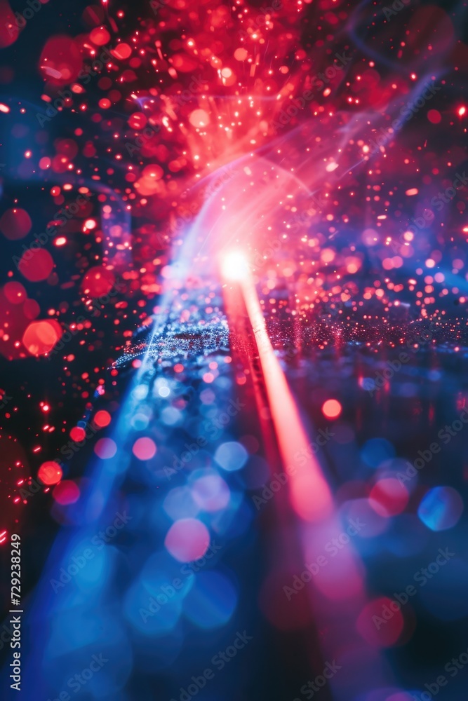 Poster a blurry image capturing the vibrant colors of red and blue light. suitable for various creative pro