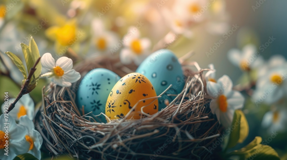Poster three eggs in a nest with a beautiful floral background. ideal for springtime or easter-themed desig
