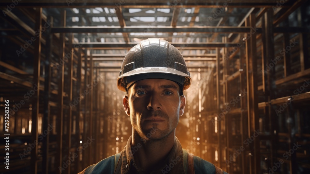 Poster construction site with a builder overseeing scaffolding assembly, safety-conscious, project plans in