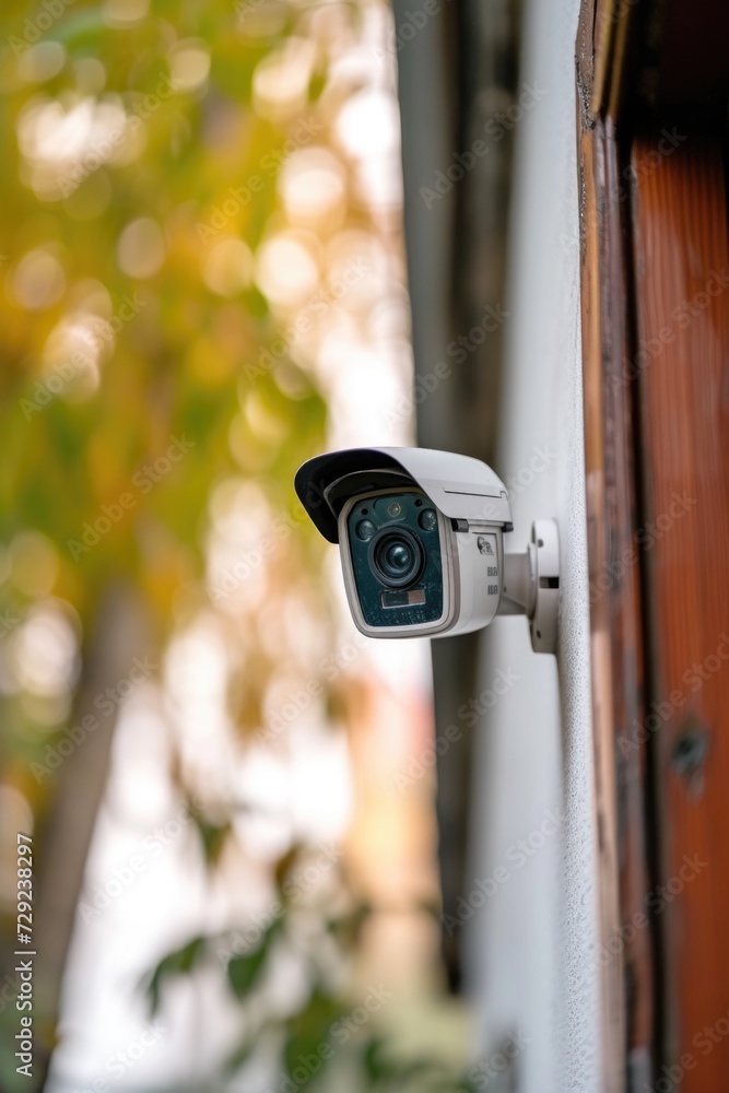 Poster A security camera mounted on the side of a building. This image can be used to illustrate surveillance, safety, or monitoring concepts