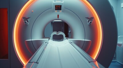 An image of an MRI machine with a red light in the middle. This image can be used to depict medical diagnostics and technology